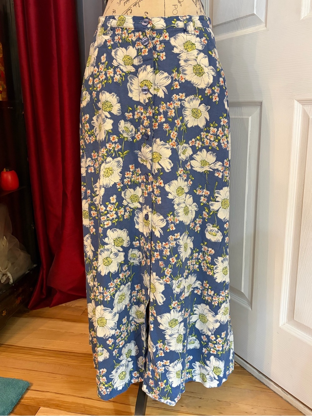 Vintage Liz Wear Blue Floral Button down Linen Blend Maxi Skirt - Picture 2 of 8